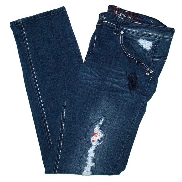 TRUE ROCK Mid-Rise Blue Jeans Size 17/18 Embellished Distressed Patched (34X30) - Picture 12 of 14